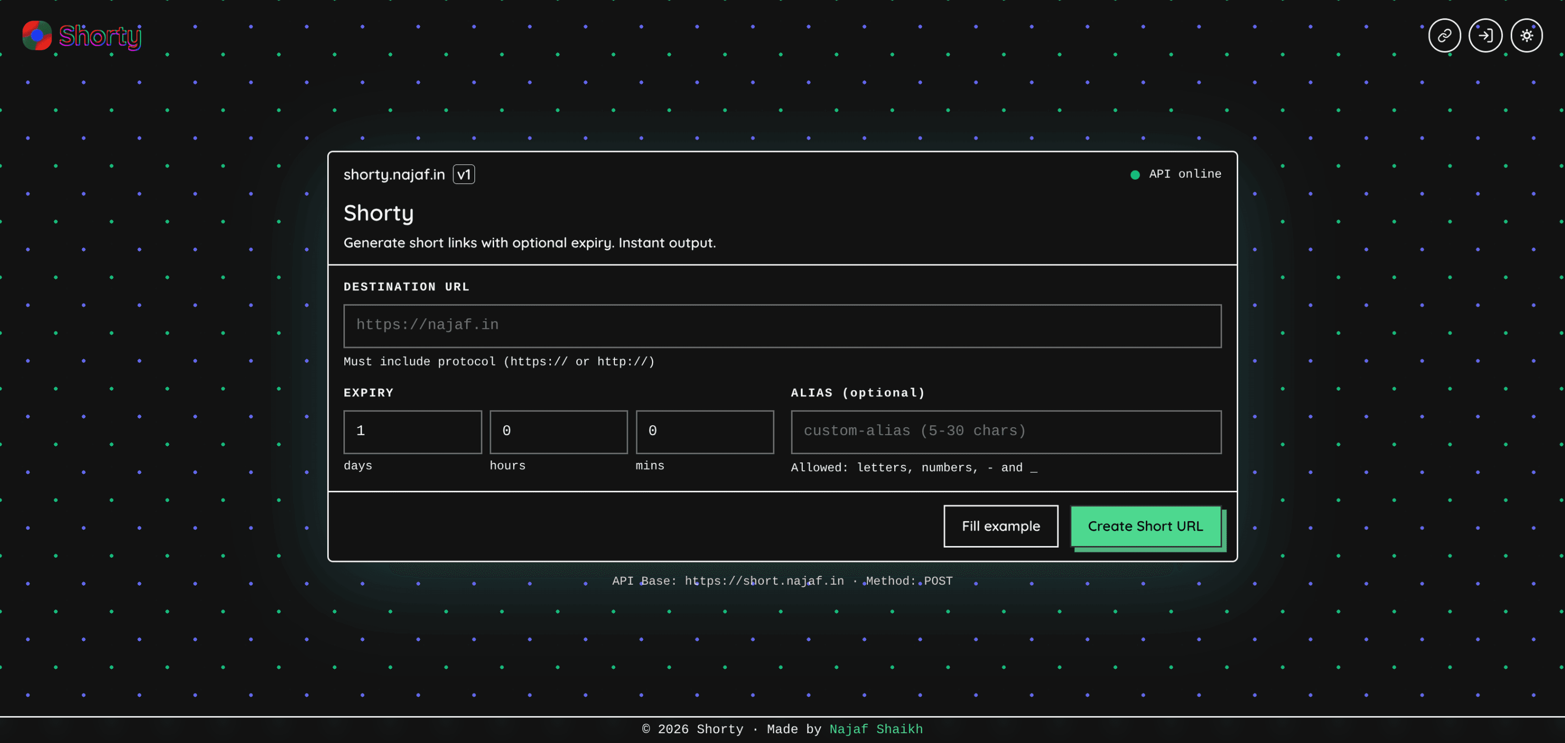 Shorty project interface